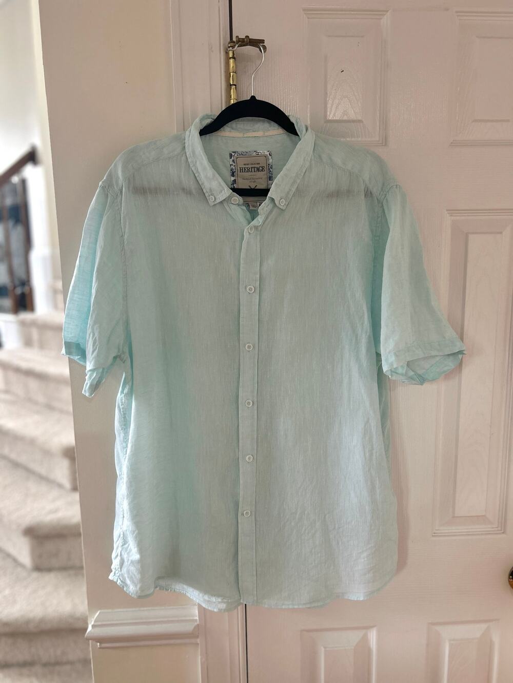 Report Collection Heritage Semi Sheer Mint Green Linen Short Sleeve Button Down